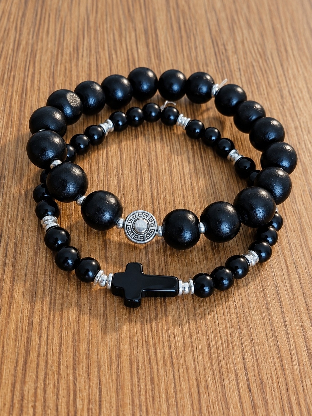 Black Beaded Men's Stretch Bracelet Set with Cross Accent